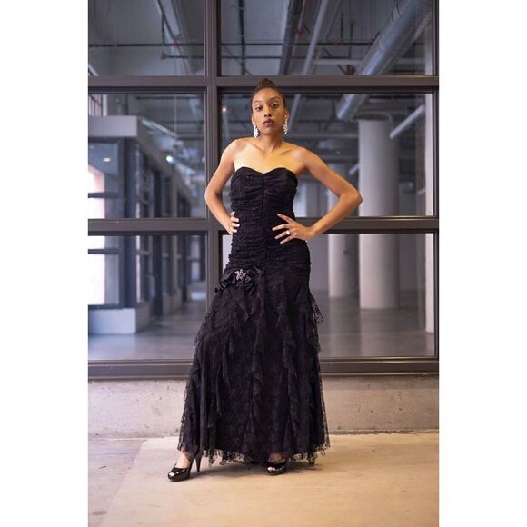 Jessica McClintock‎ Dress Size 10 Black Vintage 80s Lace Strapless Maxi Broach - Picture 9 of 11